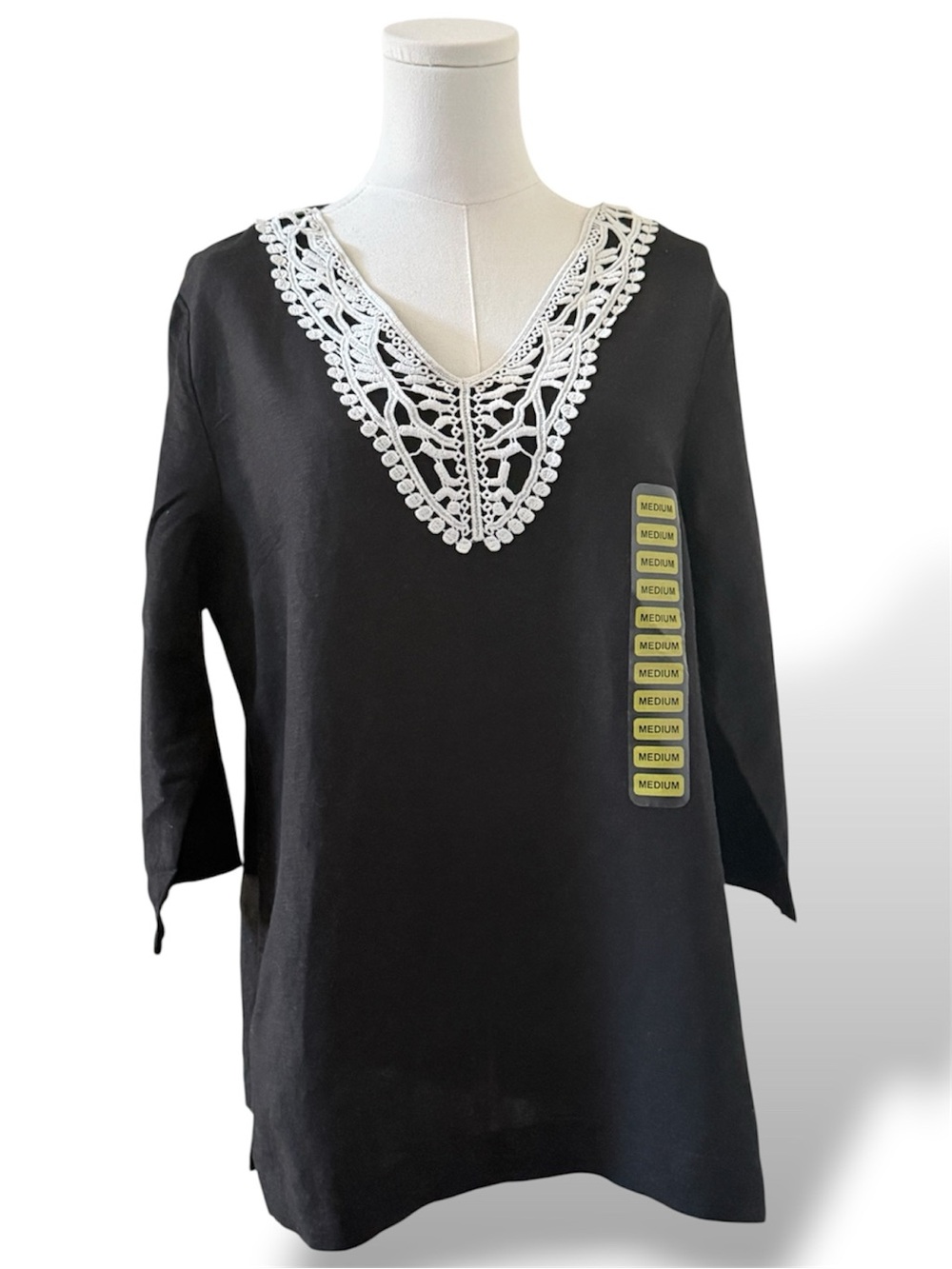 Black V-Neck Tunic Top with White Lace Trim